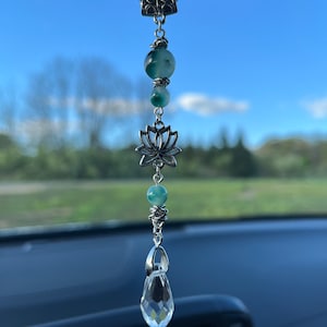 Lotus Flower Car Charm: Green Chalcedony Jade Stone Suncatcher