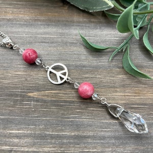 Rhodochrosite Peace Sign Car Charm: Boho Rearview Mirror Accessory