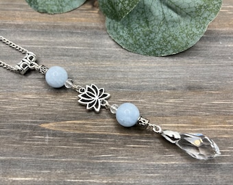 Lotus Flower, Blue Aquamarine, Sun Catcher Pendant Rearview Mirror Car Charm BOHO, New car gift