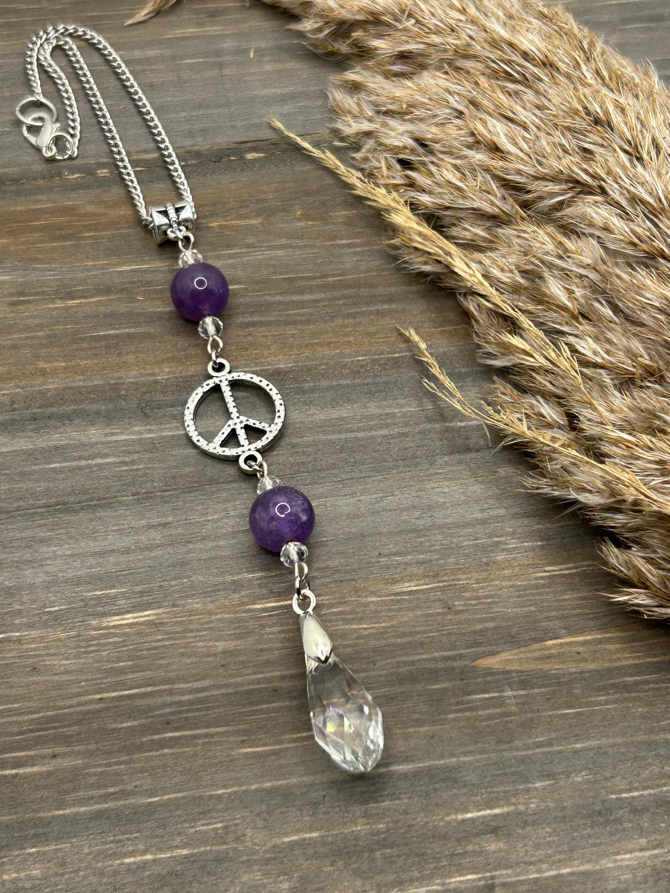 Amethyst Peace Sign Car Charm: Crystal Sun Catcher, Boho Rearview ...