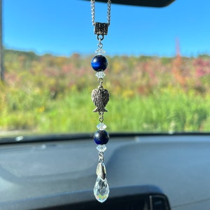 Blue Tigers Eye Car Charm: Angel Wings Rearview Mirror Suncatcher