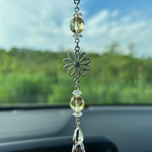 Flower, Light Yellow Czech Fire Polished Crystal Beads, Rear View Mirror Car Charm, BOHO Car Accessory, New Car Gift, Gift for Her