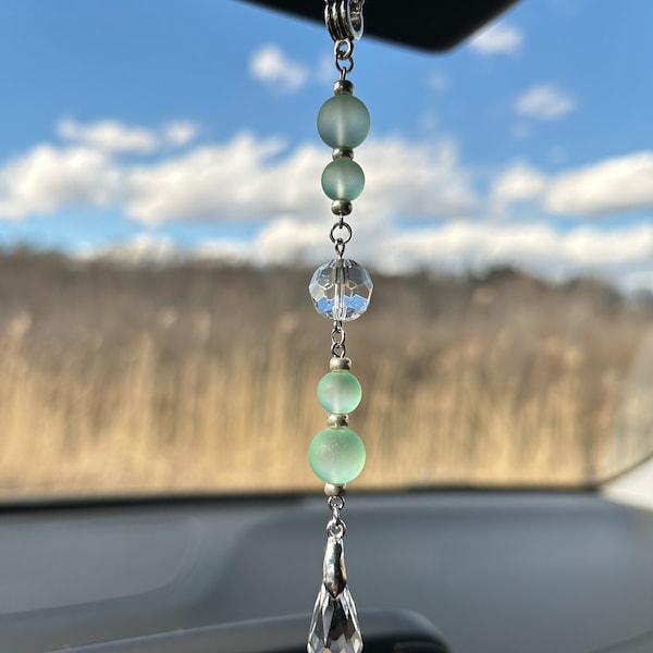 Sea Foam Green Glass Beads, Clear Crystal Pendant Sun Catcher Rearview Mirror Car Charm, New car gift