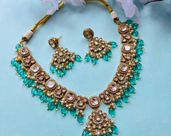 Fine Gold Finish Doublet Stones Uncut Moissanite Polki Kundan Wedding Jewelry Necklace Set Bridal Double Layer Necklace