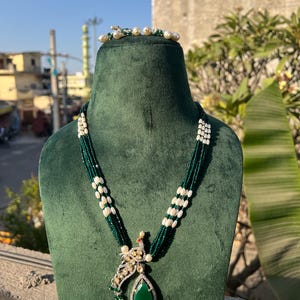 Green Polki Necklace| Indian Long Necklace | Pakistani Jewelry |Kundan Long Necklace Mala |Indian Jewelry| semiprecious beads Necklace|