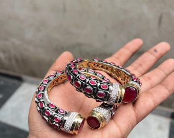 Premium Sabyasachi-Inspired Uncut Polki Foil Kundan Openable Bracelet/Bangle/Kada Set in Elegant Gold Finish