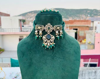 Conjunto de collar Kundan verde esmeralda: Polki estilo Sabyasachi, joyería nupcial