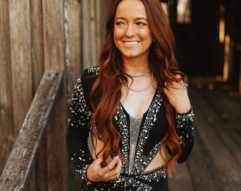 Black Rhinestones and Pearl Cut Out Romper