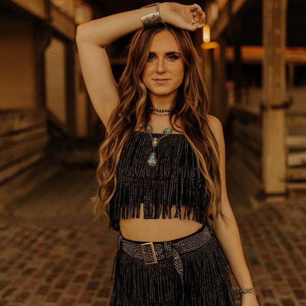 Call On Me Diamante Fringe Top Black
