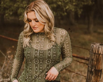 Olive Aztec Long Sleeve Mesh Top