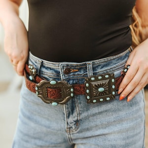 Ribbon Square Concho Genuine Leather BeltS
