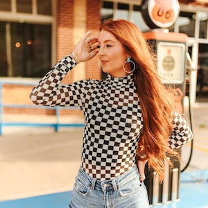 Checkered Long Sleeve Mesh Top