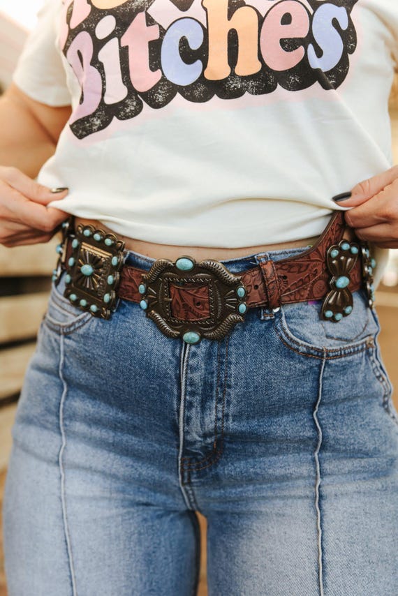 Brown Ribbon Square Concho Genuine Leather Belt