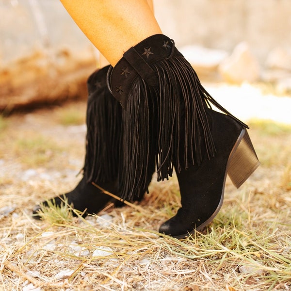Star Embroidered Black Suede Fringe Mid-Booties