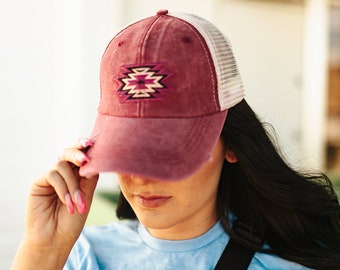 Aztec Distressed Mesh Ponytail Cap - Wine