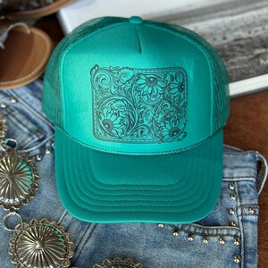Sunflower Tooled Leather Trucker Hat
