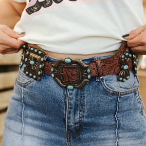 Brown Ribbon Square Concho Genuine Leather BeltXS