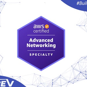 以下が含まれることがあります： 「aws certified」と「Advanced Networking SPECIALTY」というテキストが書かれた紫色の六角形の認定バッジ。背景は白で、青と白の幾何学模様が描かれている。
