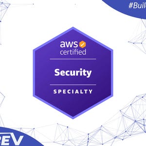 Könnte beinhalten: Ein violettes sechseckiges Abzeichen mit dem Text "aws certified" und "Security SPECIALTY" auf weißem Hintergrund mit einem blauen und weißen geometrischen Muster. Der Text "#Build Your Digital Future." befindet sich in der oberen rechten Ecke.