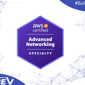 以下が含まれることがあります： 「aws certified」と「Advanced Networking SPECIALTY」というテキストが書かれた紫色の六角形の認定バッジ。背景は白で、青と白の幾何学模様が描かれている。