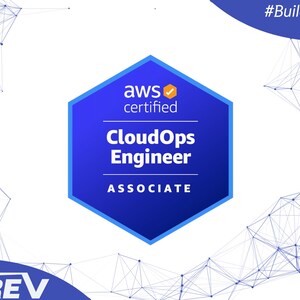以下が含まれることがあります： AWS CloudOps Engineer認定を促進する青と白のグラフィック。中央のバッジには、白い文字で「aws certified CloudOps Engineer ASSOCIATE」と書かれています。背景には相互接続された線のネットワークとテキスト「#Build Your Digital Future」があります。