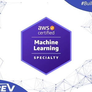 Könnte beinhalten: Ein violettes sechseckiges Abzeichen mit dem Text "aws certified" und "Machine Learning SPECIALTY" in Weiß. Das Abzeichen hat ein kleines orangefarbenes Häkchen-Symbol. Der Hintergrund ist weiß mit einem blauen und weißen geometrischen Muster.