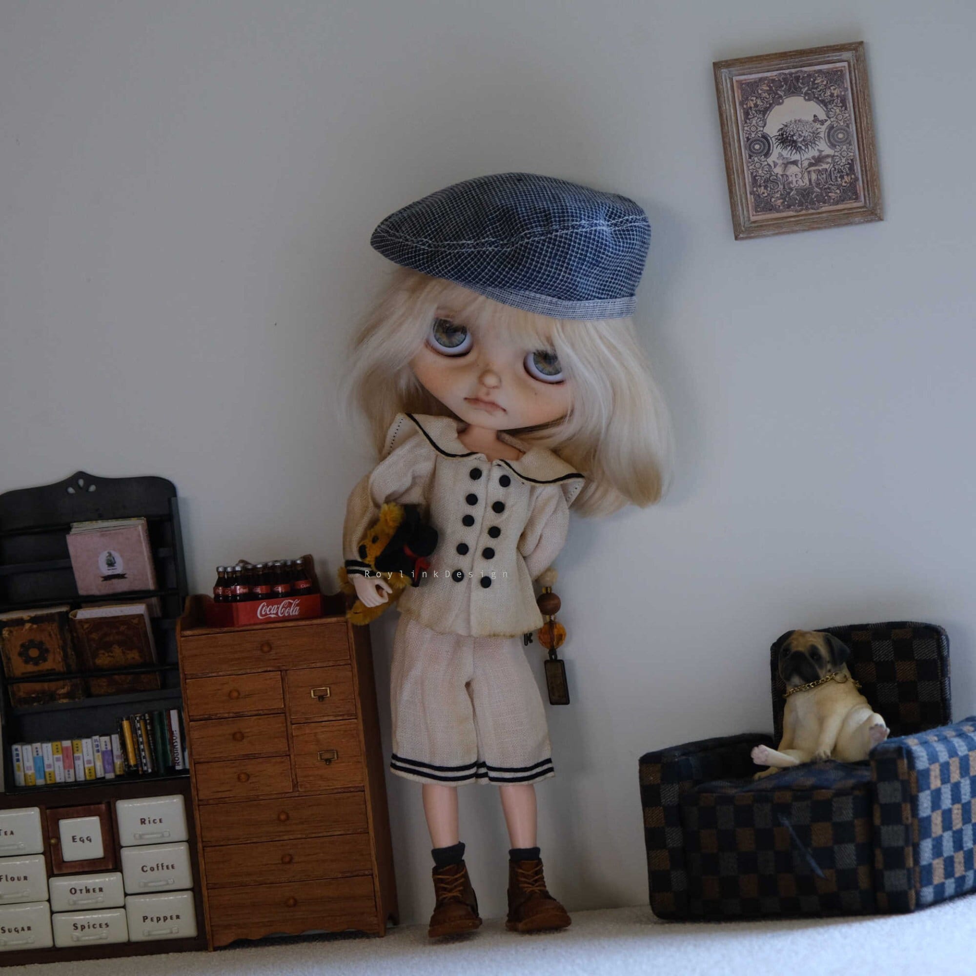 Vintage Tea-Dyed Doll Clothes: Hat, Top, Pants & Socks for Blythe, Azone, OB24/OB22