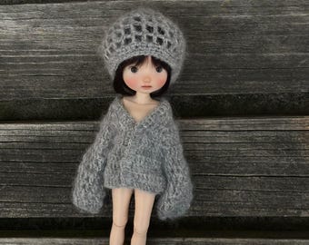 Conjunto de punto acogedor para muñeca Blythe: cárdigan gris extragrande y boina