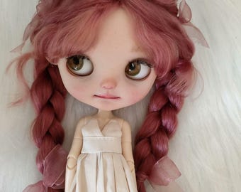 Peluca de mohair rosa para muñeca Blythe, hecha a mano, 23-25 cm