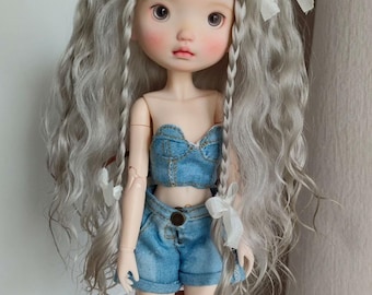 Long Curly Ombre BJD Wig - White Light Blue with Braids for 1/6 Landazz