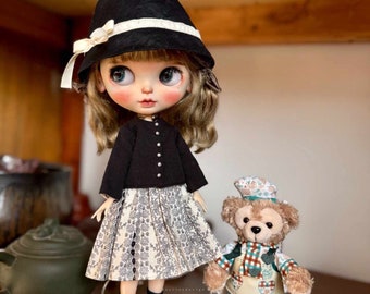 Neo Blythe Doll Clothes: Dress, Black Coat, Hat & Socks - OB24, Azone 1/6 BJD