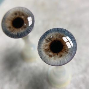 May include: Two realistic doll eyes with a blue and brown iris and a black pupil. The eyes have a reflective surface, and are mounted on white stems. The irises have a detailed, textured appearance.