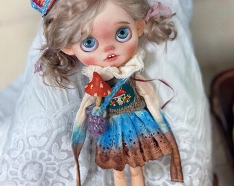 Tea-dyed mushroom-patterned dress with embroidered vest  for Blythe, Azone, OB24/OB22,Rabboo