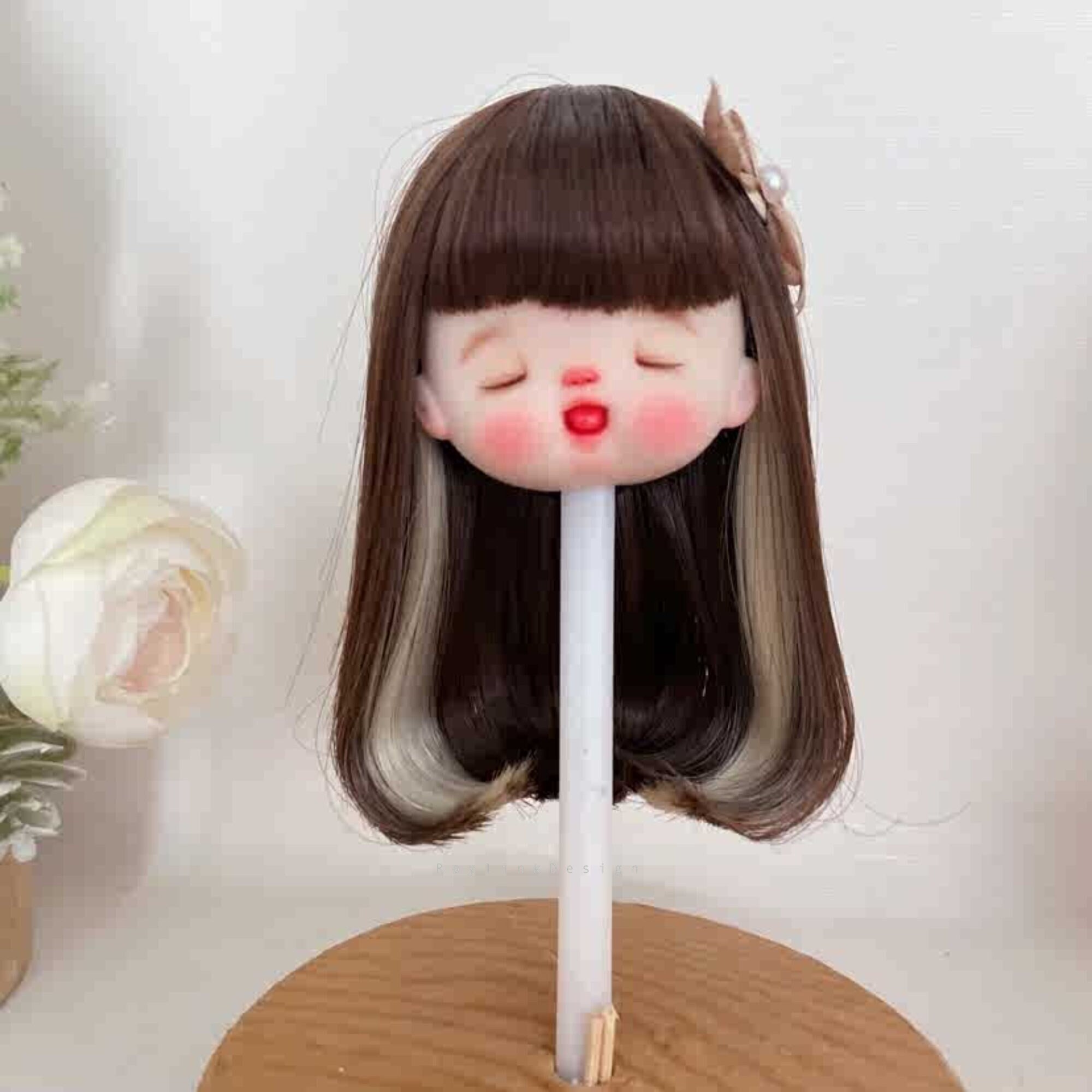 Brown Pink Gold OB11 Doll Wig (5-6")