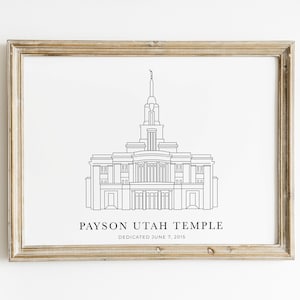 May include: A black and white line drawing of the Payson Utah Temple, with the text "Payson Utah Temple" and "Dedicated June 7, 2015" below the image.