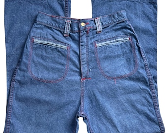 60s 70s High Waisted Blue Denim Bell Bottoms Red Contrast Stitching Women’s 18 Made in Brazil Talon Zipper Hippie Boho Music Festival Flares