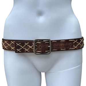 Y2K Buckle Brown Leather Western Belt Embroidered Rope Detail Women’s Med Boho Hippie