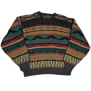 May include: A vintage crew neck sweater with a geometric pattern in shades of teal, gold, red, and black. The sweater has a gray collar, cuffs, and hem. The design features stripes, zigzags, and square shapes.