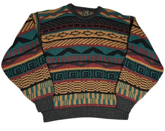 80s 90s Magnetic Force 3D Knit Abstract Geometric Ugly Sweater Men’s Medium Made in USA Coogi Style