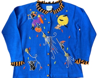NWT Vintage The Quacker Factory 3D Knit Ugly Halloween Sweater Cardigan Beaded Sequin Fringe Women’s Large