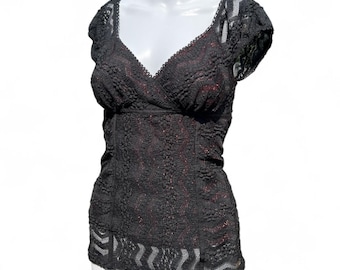 90s Y2K Studio Y Black Floral Lace Blouse Puff Sleeve Waist Tie Women’s Small Goth Sheer Going Out Top