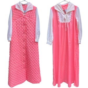 60s Miss Marie Hot Pink Quilted Satin House Coat Robe Nightgown Set Women’s Med Made in USA