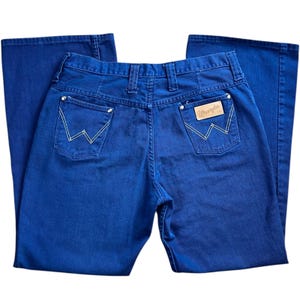 60s 70s Wrangler Royal Blue Bell Bottoms Jeans Scovill Zipper Women’s 18 Made in USA Hippie Boho Flares