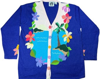 Vintage Storybook Knits Tropical Floral Grandma Cardigan Embroidered Ugly Sweater Women’s Large