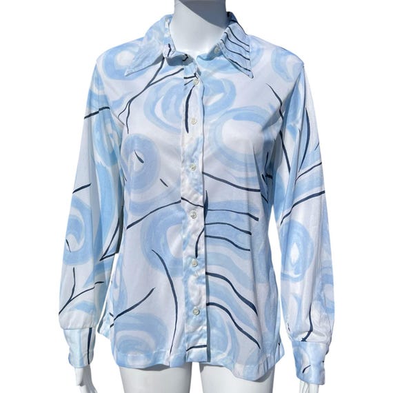 70s Sheer Abstract Print Dagger Collar Button Up … - image 1