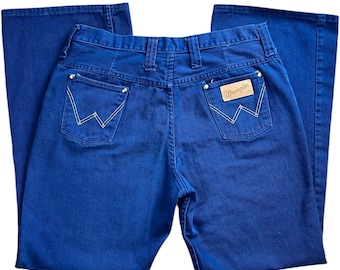 60s 70s Wrangler Royal Blue Bell Bottoms Jeans Scovill Zipper Women’s 18 Made in USA Hippie Boho Flares