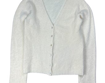 Vintage Zara Cream Longsleeve Cardigan Nylon Wool Angora Blend Women’s Medium Mother of Pearl Buttons