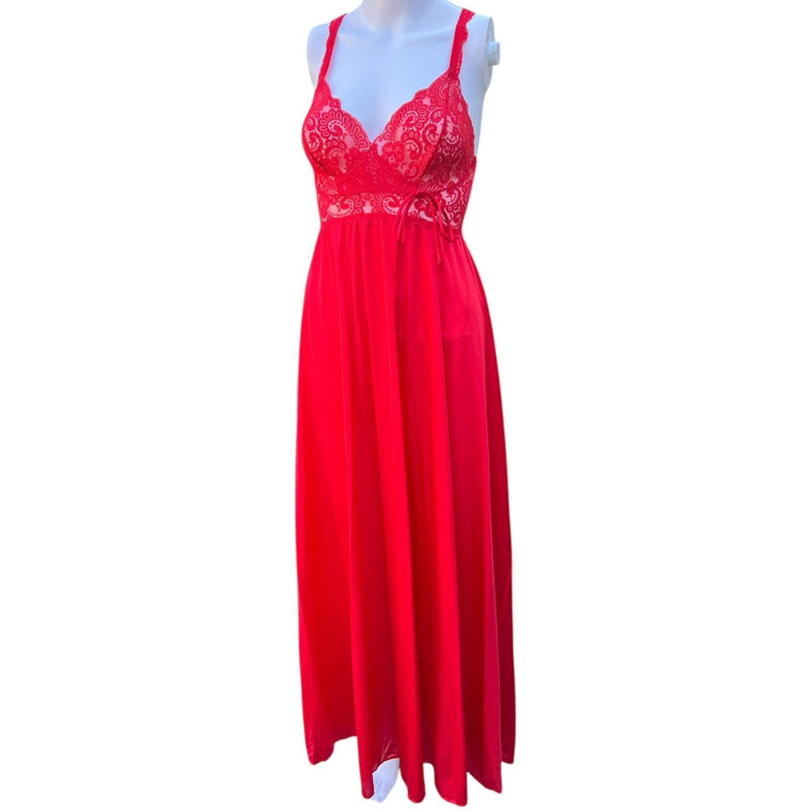 Vintage 70s 80s Olga Bodylace Collection Red Lace Nightgown Sweep Skirt Stretch Women’s Small Style 9291 Sheer