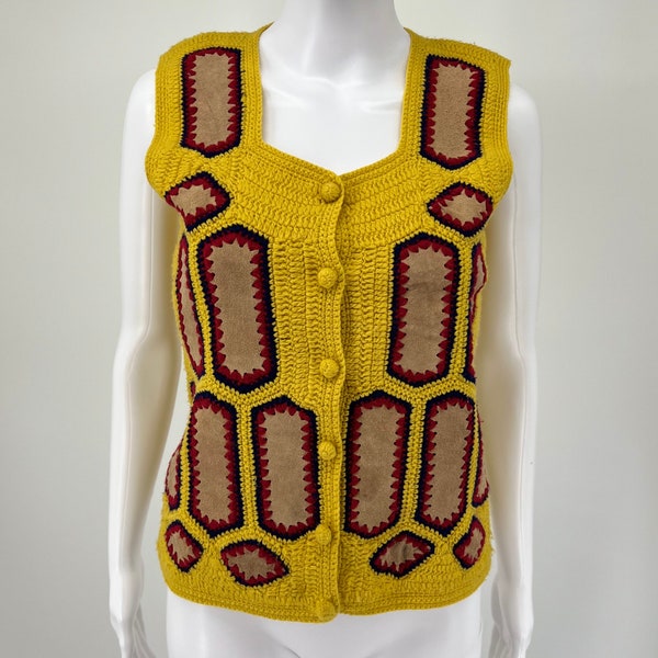 Vintage Mustard Yellow Suede Crochet Vest | Sz: S/M | 60s 70s Fashion | Handmade | Gifts for Mom Grandma Sister Brother