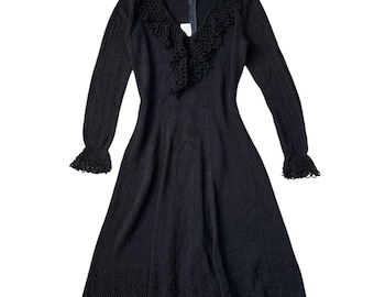 70s Gianna Knits Black Crochet Dress Ruffles Women’s L Talon Zipper Boho Goth